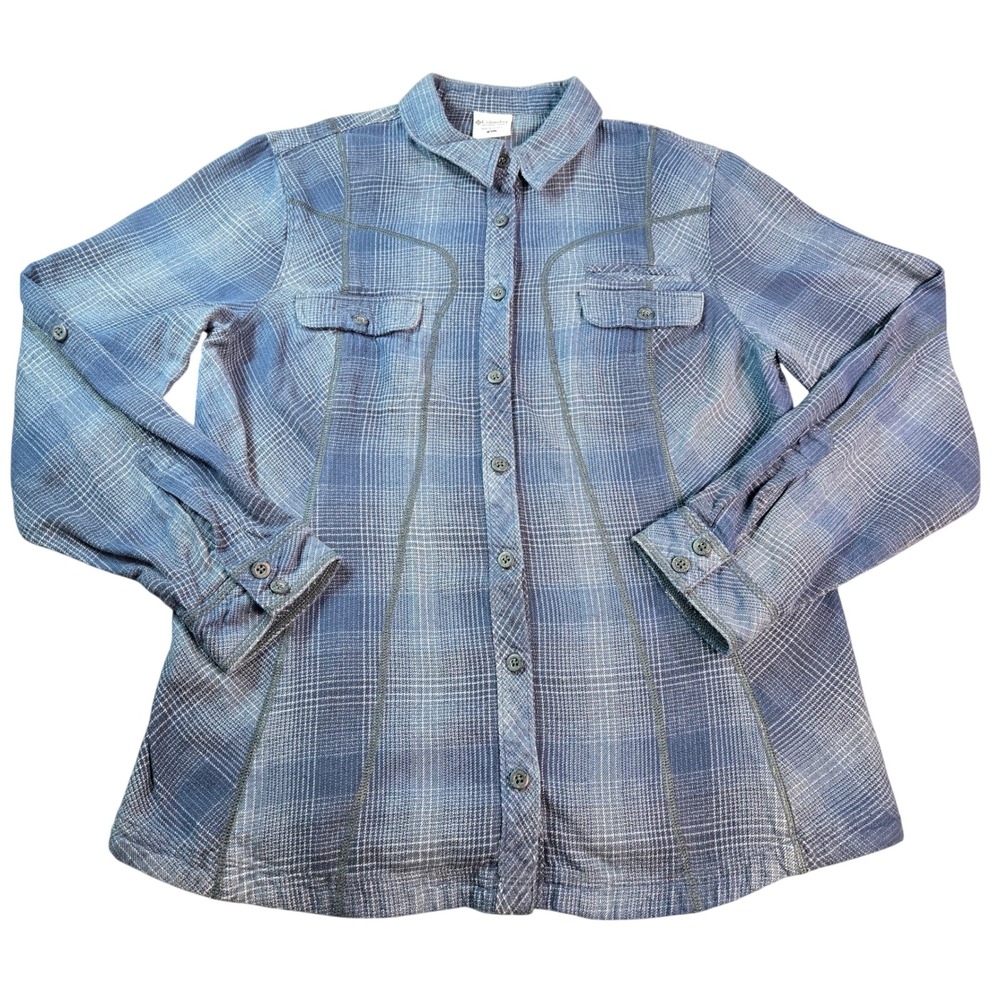 Columbia Women's Size XL Blue Plaid Long Sleeve Button Down Cotton Hiking Shirt